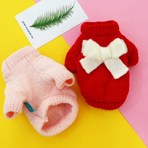 Winter Warm Acrylic Fibres Bow Sweater Two-legged Dog & Cat Clothes Pink Red