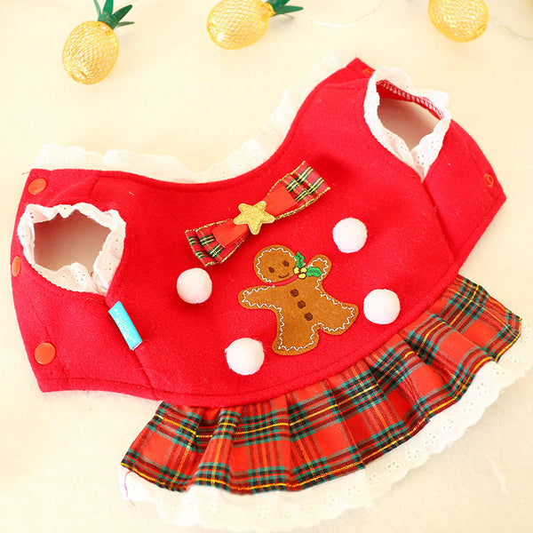 Polyester Gingerbread Pattern Bowknot Fur Collar Casual Dress Red