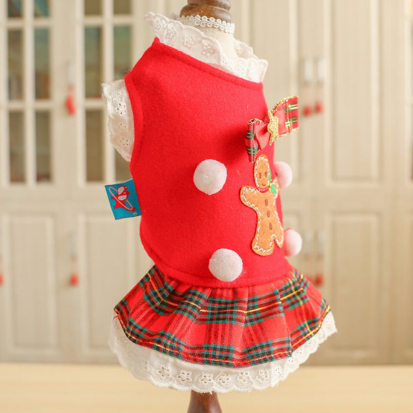 Polyester Gingerbread Pattern Bowknot Fur Collar Casual Dress Red